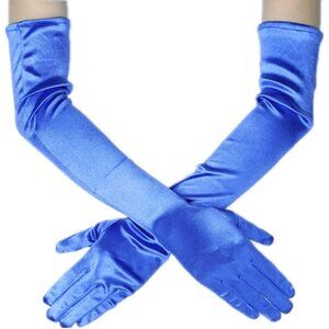 Women's Blue Evening Long Satin Finger Gloves Halloween Wedding Party Prom